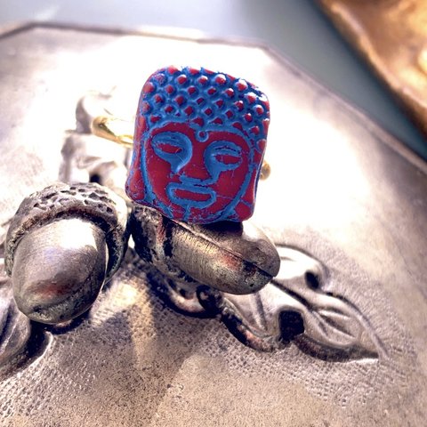 再販【11号フリー仏陀リング💍】#czech beads #チェコビーズ#JIRI＊IVANA 仏陀　Buddha ring Bordeaux/blue