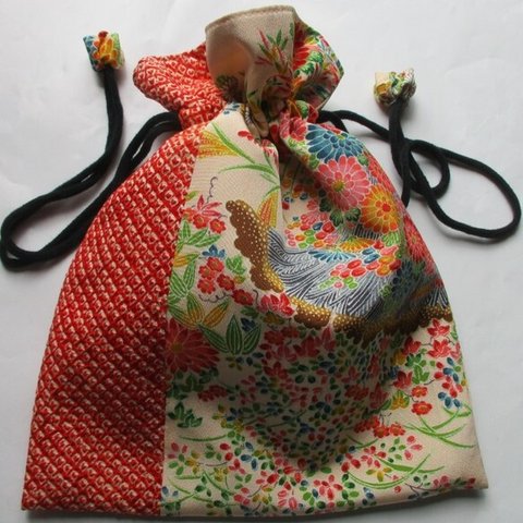 ６９０４　絞りと花柄の着物で作った巾着袋　＃送料無料