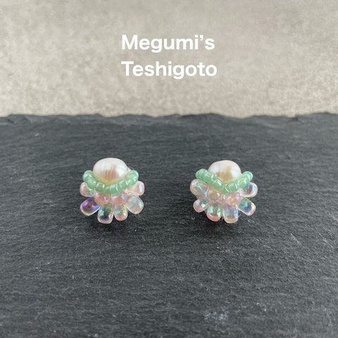 淡水パール×ドロップビーズ⭐︎刺繍ピアス・イヤリング・ノンホールピアス（パステル）