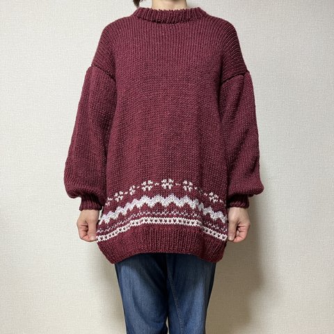 ［送料無料］手編みロングセーター(編み込み模様)