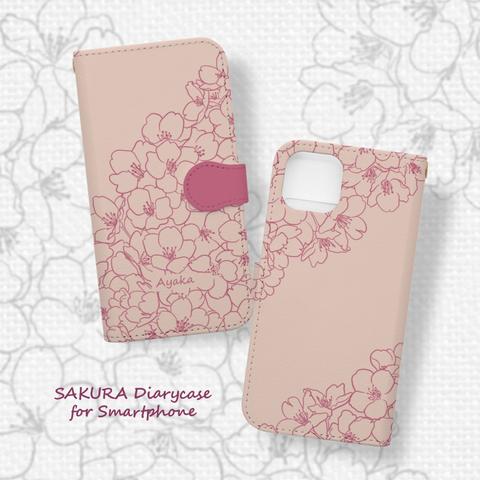 送料無料★さくら咲くiPhone手帳型スマホケース sakuraピンク×ピンク 全機種対応 線画 ラインアート 春 桜 花 pink 可愛い 名入れ iPhone15 14 13 12 SE3 pro