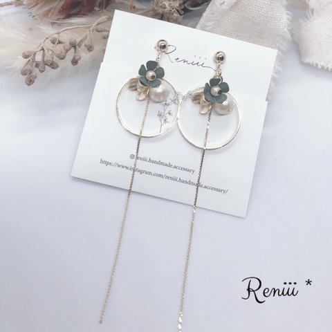 小花のロングチェーンアクセサリー✳︎グリーン系✳︎