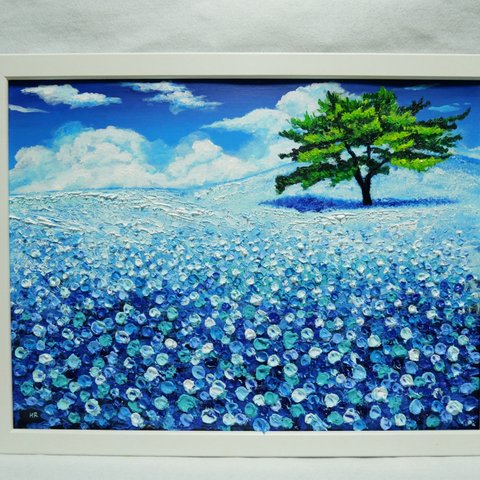 油絵 絵画 【ネモフィラお花畑】