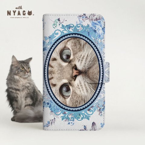 猫のスマホケース NYAGO 手帳型ケース 全機種対応［ サクラちゃん ペロペロするにゃ～。ボタニカルレース ブルー ］ No.2S2722