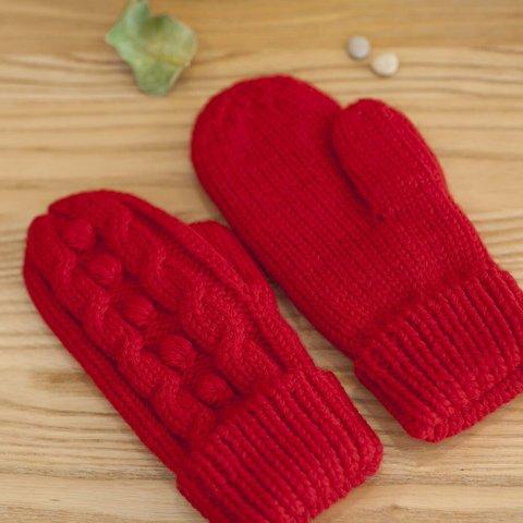 あたたかい・手編み　ウール手袋・ミトン＊赤　レッド＊裏フリース  クリスマスプレゼント