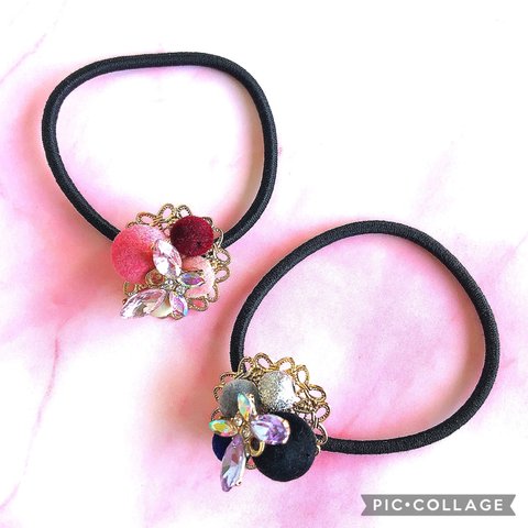 ☆蝶々とビーズのヘアゴム☆ ハンドメイド アクセサリー パーティー 結婚式 二次会 普段使い 髪ゴム バタフライ 桃