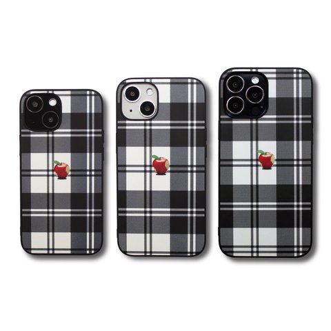 【iPhone15/15pro/14/14pro/13/12/12pro/12mini/11~】レザーケースカバー（タータンチェック）赤リンゴ　シンプル　アイフォンケース iphoneケース耐衝撃
