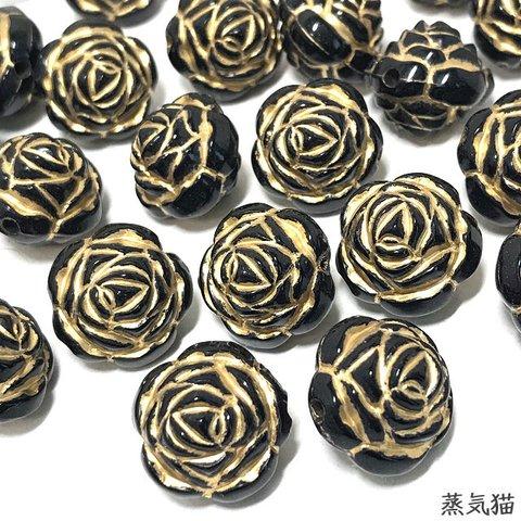 アンティーク調 黒い薔薇ビーズ 16mm 15個【バラの花パーツ】