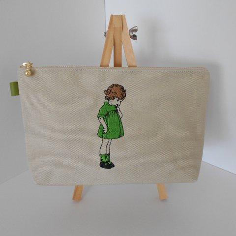 可愛いフランスの女の子刺繍の帆布のペンケースグリーン