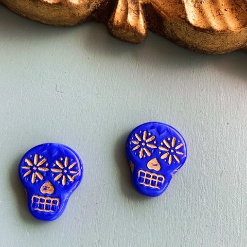 【2コセット】JIRI＊IVANA#czech beads#チェコビーズ　skull 19✖️16㍉　cobalt blue/bronze