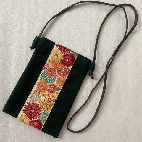 インド刺繍リボン携帯ミニショルダーバッグストラップ　ポーチスマホお財布携帯