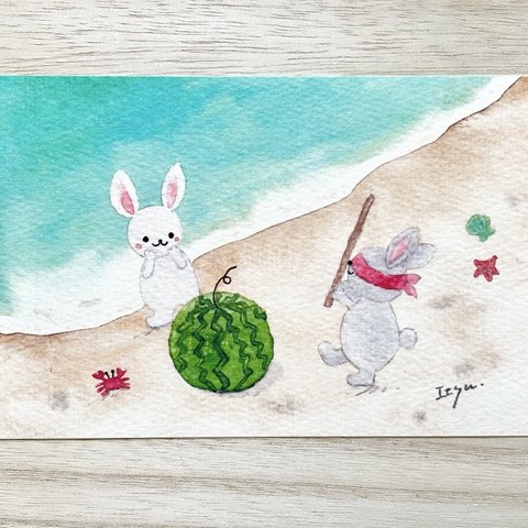 透明水彩画「うさぎちゃんのスイカ割り」イラストポストカード2枚セット 絵ハガキ　海　ウサギ　兎　暑中見舞い　残暑見舞い　夏　お中元　カニ　貝殻