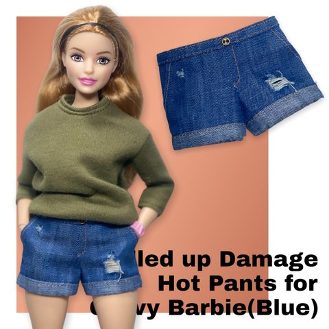 Curvy Barbie//カーヴィーバービー ロールアップダメージデニムショートパンツ(ブルー)