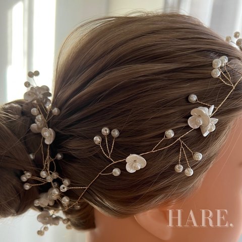 ヘッドドレス　ブライダル　ウェディング　パーティー　結婚式　成人式　ヘアドレス　ヘアアクセサリー　ヘアアレンジ　花嫁　成人式ヘア　パール　フラワー　ゴールド　小枝　小枝アクセサリー　ブライダルヘア