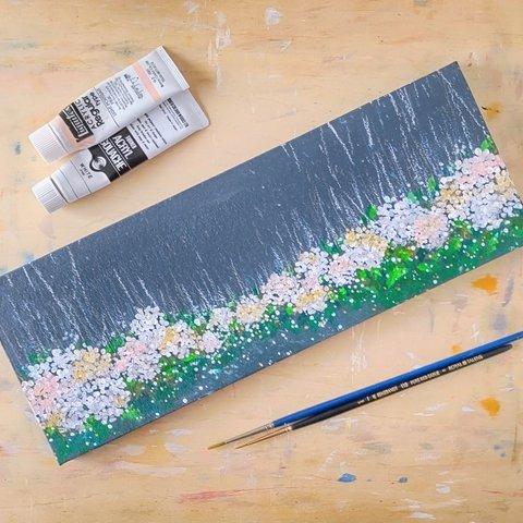 「雨に光る白い紫陽花」抽象画＊コルクボードの原画＊壁飾り