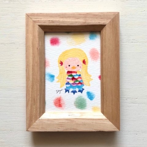 🌈「七色のアマビエ様」水彩画イラストミニ額  プチギフト  虹　　疫病退散　無病息災　アマビエ🌈