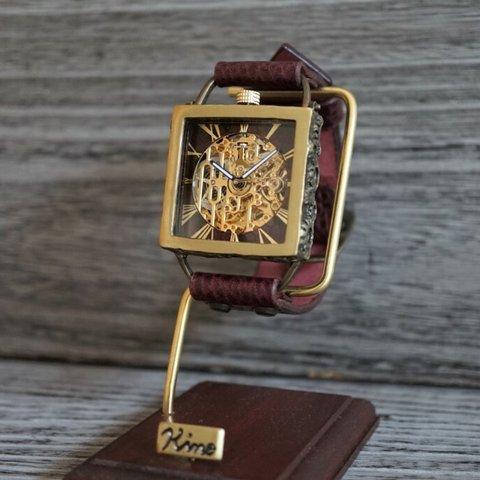 メカニックゴールド　スクエア　真鍮　ワインブラウン  手作り腕時計