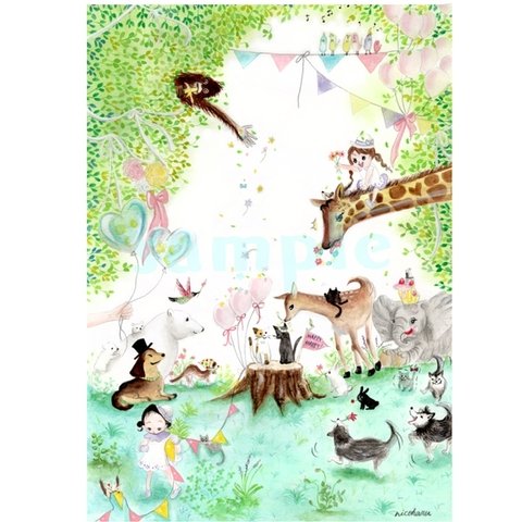 「猫の結婚式」透明水彩画 アートポスター 