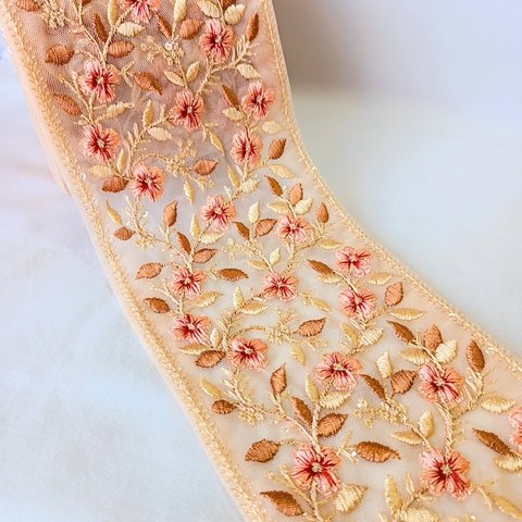 【50cm】【11cm幅】【くすみピンク】ワイドタイプ　インド刺繍リボン　フラワー　ハンドメイド　手芸　R041-2