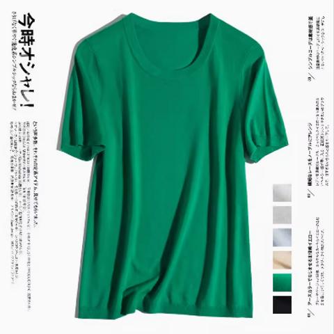 丸襟 ニット シンプル ゆったり とした 着やせ 半袖の上着 Tシャツ
