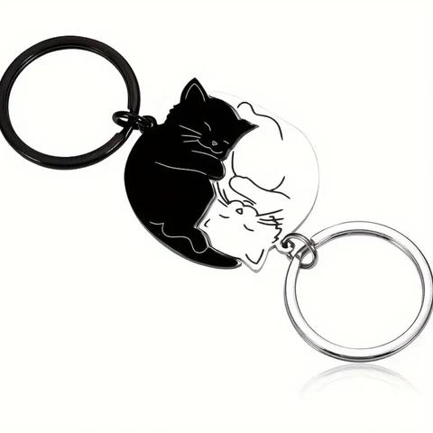 【2個セット】ステンレス鋼白黒猫のキーホルダー