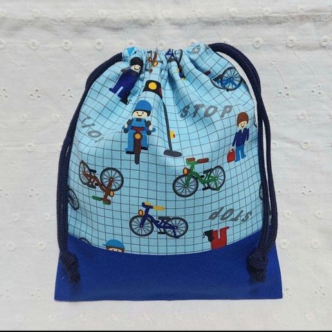 自転車柄の給食袋、巾着袋、コップ入れ、ハンドメイド、青