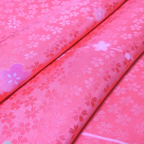 正絹長襦袢地 はぎれ【桜模様織り出し】赤みのある濃いピンク ５０cm