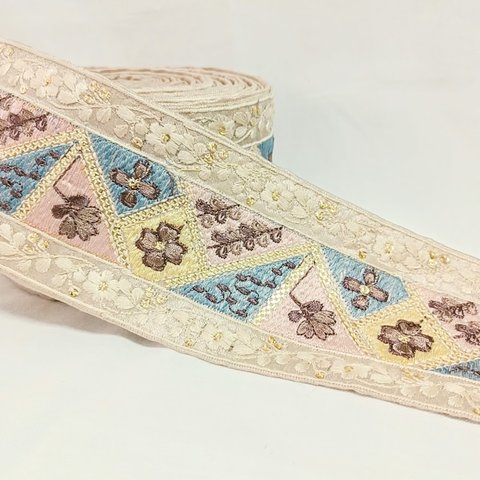 【50cm】【80mm幅】【R062-1】インド刺繍リボン　くすみカラー　レトロ　フラワーモチーフ　パッチワーク風　手芸