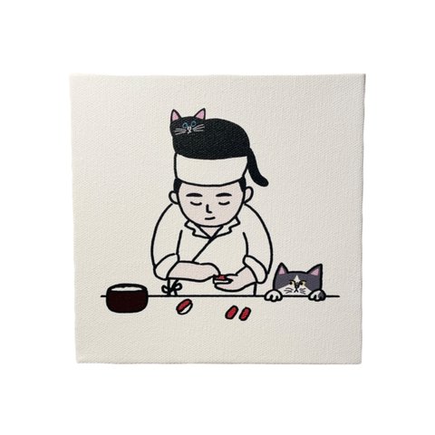「お寿司屋さんと猫」キャンバスプリント (正方形150mm)※受注生産