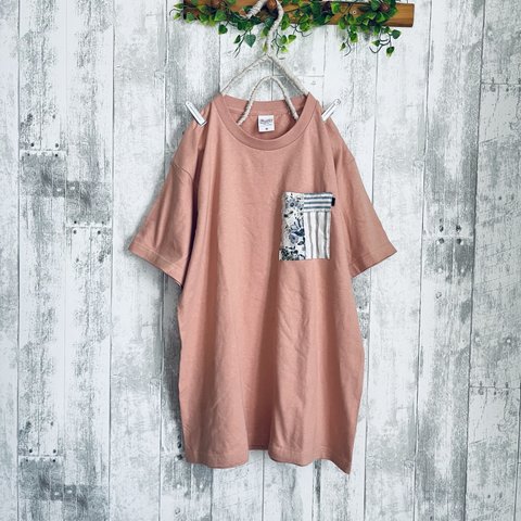 オリジナル胸パッチポケット付き肩落ちくすみピンクシンプルTシャツcotton100%