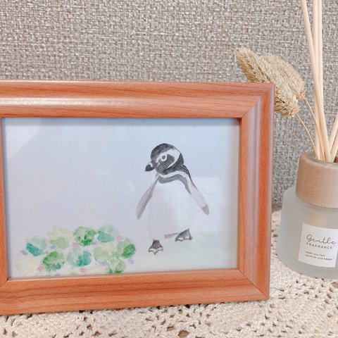 水彩画　ペンギンのお散歩