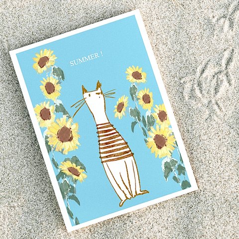 かわいい猫ちゃんとひまわり、夏のポストカード