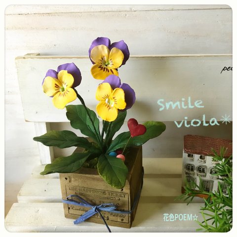 💙粘土の花〓木箱に咲いたSmile viola✳︎麻布付