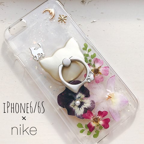 《一点物》iPhone6/6s 押し花iPhoneケース 月猫 スマホリング付き スマホケース