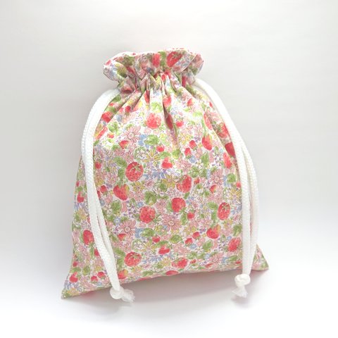 イチゴ花畑の巾着袋   給食袋  コップ袋  道具袋