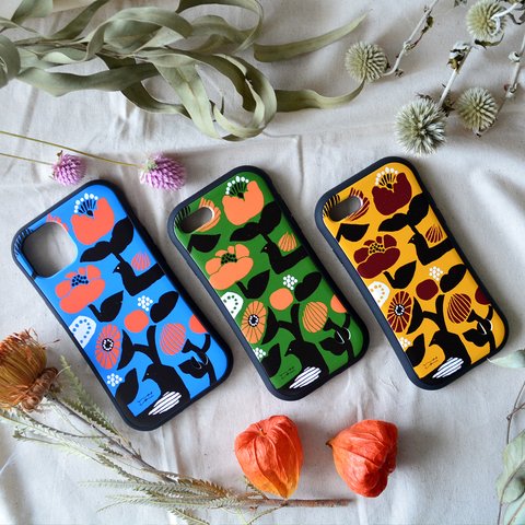 【iphone15対応】秋と鳥と花と iphoneグリップケース