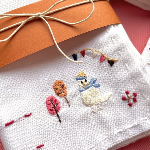 【インコ秋うらら】単品カート/秋柄チェック🍂刺繍 刺し子さらしふきん