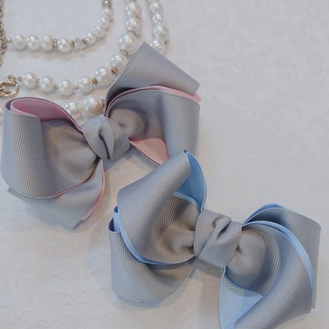 グレー☆バイカラーバレッタ ふわふわリボン☆ribbon