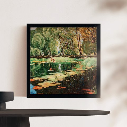 [額縁付き] 水浴びの風景 アウグスト・リーガー アートポスター 323×323mm 額装 天然木 ポスターフレーム 木製 北欧 絵画 日本製 お洒落 APFS011
