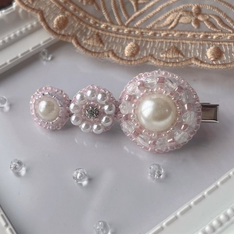 ビーズ刺繍 ヘアクリップ ヘアピン パール ピンク