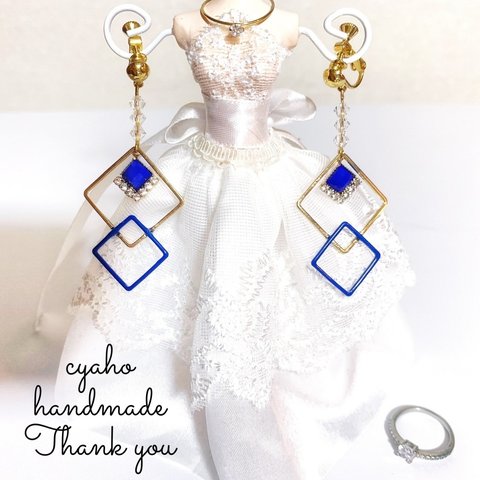 ハンドメイド アクセサリー レディース イヤリング ピアス 大人可愛い ブルー 結婚式 パーティー 二次会 イベント 