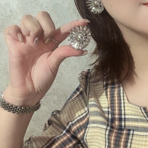 0314 AMERICA VINTAGE EARRING  USAヴィンテージ　イヤリング　アンティーク  クラシカル　フラワー　大ぶり　クリップ　ナチュラル　カジュアル　ビーズ　コスチューム