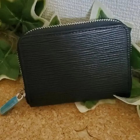 黒×紺 コンパクト エピレザー ジッピーウォレット ラウンドファスナー 牛革 コインケース 財布