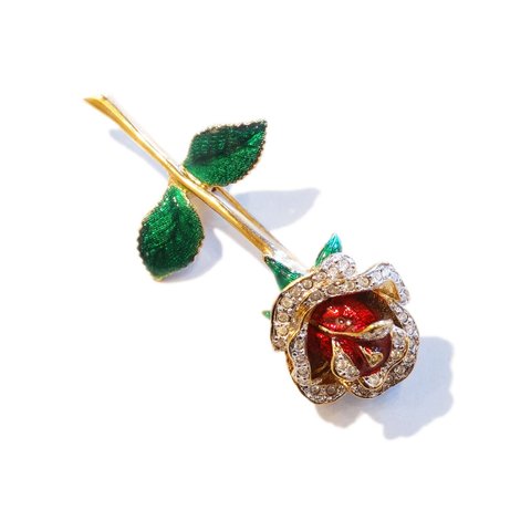 Vintage rose rhinestone enamel brooch