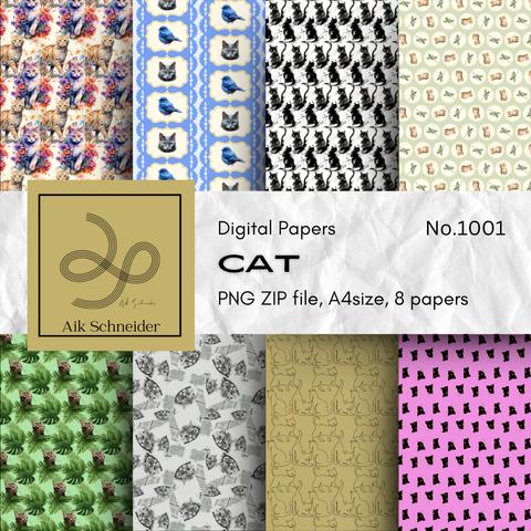 Digital Paper, Cat, A4, Png, 8 papers, 猫モチーフのデジタルペーパー