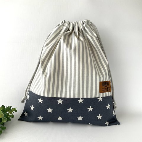 大きめ巾着袋　35×30cm　ストライプ×星＜ライトグレー＞