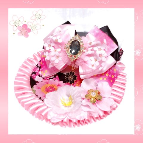 完売【sakuraシリーズ🌸】夜桜×蝶の舞ブラックピンク《ケープスタイ首輪》