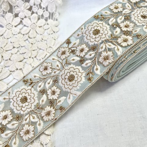 [50cm] インド刺繍リボン　チュール　D 水色