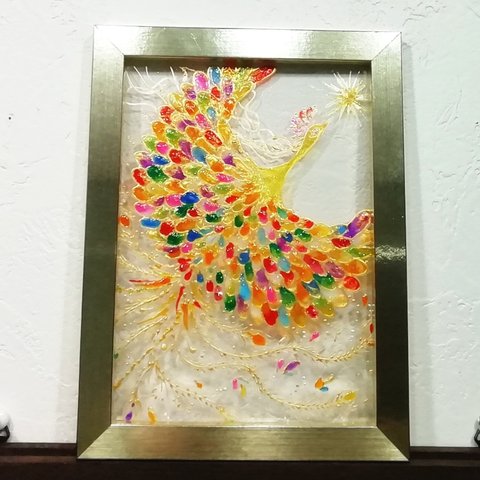 ご予約　風水開運絵画＊幻の虹色鳳凰　ラメ最強パワー光エナジー　金運財運