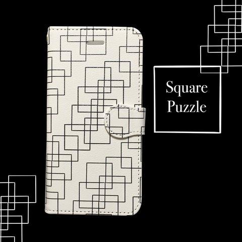 Square Puzzle 手帳型スマホケース 白 スクエア パズル デザイン 四角形  四角 グッズ